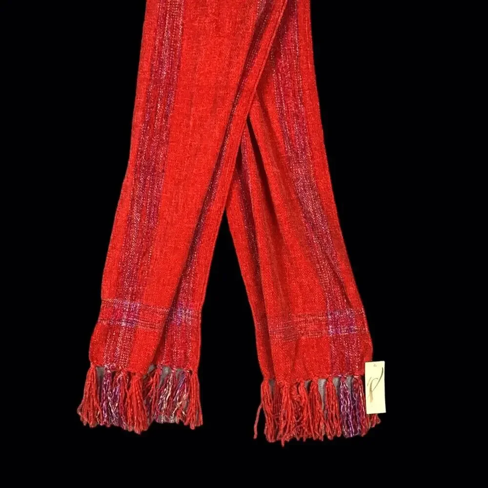 Collection 18 Pink Red Chenille Stripe Muffler Scarf Fringe NWT